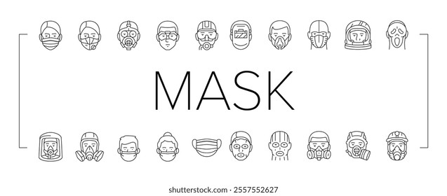 mask virus face safety icons set vector. health medical, surgical doctor, coronavirus, worker care, equipment, flu filter mask virus face safety black contour illustrations