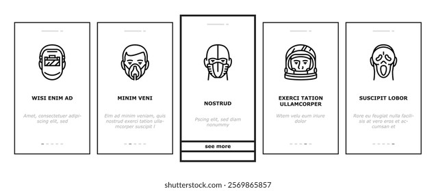 mask virus face safety onboarding mobile vector health medical, surgical doctor, coronavirus, worker care, equipment, flu filter mask virus face safety illustrations