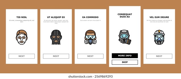 mask virus face safety onboarding mobile vector health medical, surgical doctor, coronavirus, worker care, equipment, flu filter mask virus face safety illustrations