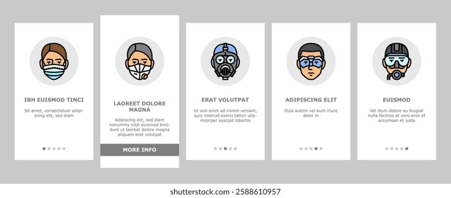 mask virus face safety onboarding mobile vector health medical, surgical doctor, coronavirus, worker care, equipment, flu filter mask virus face safety illustrations