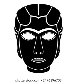 The Mask from Warka. Lady of Uruk. Female head of ancient woman or goddess Inanna from Iraq. Black and white silhouette.