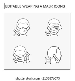 Mask wearing line icons set. Rules of correct mask wearing. Dirty mask. Covid19. Healthcare concept. Isolated vector illustrations. Editable stroke