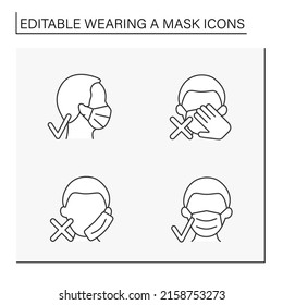 Mask wearing line icons set. Rules of correct mask wearing. Covid19. Healthcare concept. Isolated vector illustrations. Editable stroke