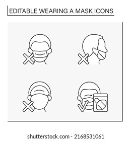Mask wearing line icons set. Rules of correct mask wearing. Disposal. Covid19. Healthcare concept. Isolated vector illustrations. Editable stroke