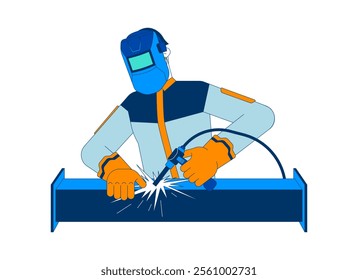 Mask welder welding sparks steel tube cartoon flat illustration. Soldering pipe manufacturing. Metal fabrication worker using welding torch 2D character isolated on white. Vector colorful image