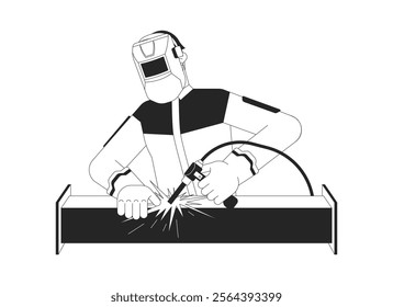 Mask welder welding sparks steel tube linear illustration. Soldering pipe manufacturing. Metal fabrication worker welding torch 2D line character isolated on white. Monochrome vector outline image