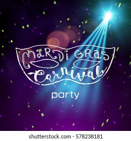 Mask with the words "Mardi Gras". Background Show. Vector interior shined with a projector.