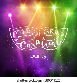 Mask with the words "Mardi Gras". Background Show. Vector interior shined with a projector.