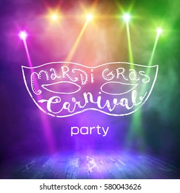Mask with the words "Mardi Gras". Background Show. Vector interior shined with a projector.