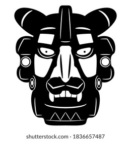 Mask of Zapotec Indians from Monte Alban. Pre Columbian Native American art. Head of fantastic character. Jaguar man. Black and white silhouette.