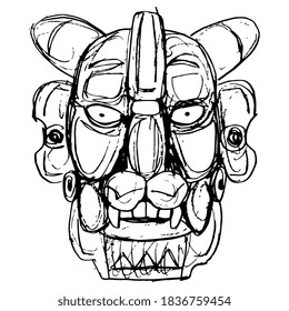 Mask of Zapotec Indians from Monte Alban. Pre Columbian Native American art. Head of fantastic character. Jaguar man. Hand drawn linear doodle ink sketch. Black silhouette on white background.