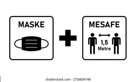 Maske arti Mesafe 1,5 Metre ("Face Mask plus Distance 1,5 Meters" in Turkish) Measure Icons against the Spread of the Coronavirus Covid-19. Vector Image.