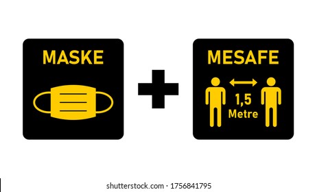 Maske arti Mesafe 1,5 Metre ("Face Mask plus Distance 1,5 Meters" in Turkish) Measure Icons against the Spread of the Coronavirus Covid-19. Vector Image.