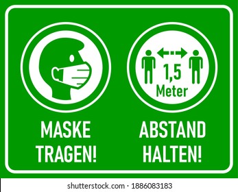 Maske tragen (Wear a Mask) and Abstand halten (Keep Your Distance) 1.5 Metres or 1.5 m Horizontal Warning Sign in German including Text and Instruction Icons. Vector Image.