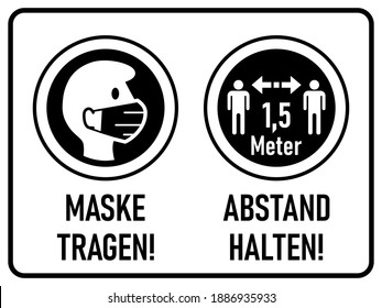 Maske tragen (Wear a Mask) and Abstand halten (Keep Your Distance) 1.5 Metres or 1.5 m Horizontal Warning Sign in German including Text and Instruction Icons. Vector Image.