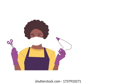 Masked afro american hairdresser in gloves is ready to meet visitors. Opening after quarantine.  Sanitary compliance. Cartoon flat style. Vector illustration. Banner for a beauty salon