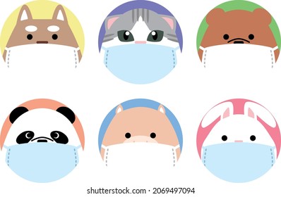 Masked animal face icon set. Round shape.