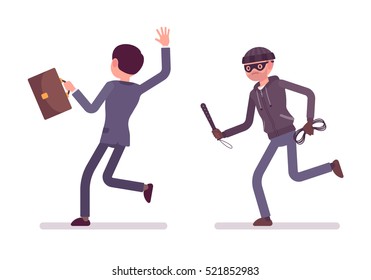 Masked and armed bandit pursuing a businessman, his victim. Cartoon vector flat-style concept illustration