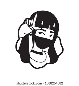 masked asian girl demon shows lol sign. girl with ponytails.