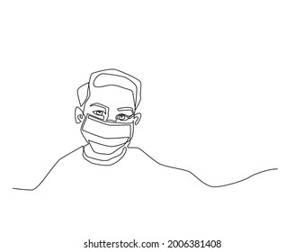 Ilustración de arte de una línea de macho enmascarado - Concepto de protección contra virus - cuarentena epidémica - Máscara médica en el vector infantil