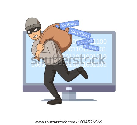 Masked burglar jumping out of computer with bag full of code on his shoulder. Digital thief. Flat vector illustration. Isolated on white background.