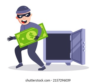 masked burglar opened safe and stole money. flat vector illustration.