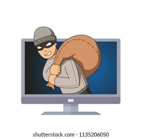 Masked burglar smiling in computer monitor with bag on his shoulder. Criminal on TV. Flat vector illustration. Isolated on white background.