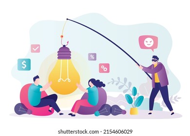 Masked burglar steals new idea. Man with fishing rod pulls out light bulb from hands of entrepreneurs. Business crime concept. Partners try to protect fresh idea from robber. Flat vector illustration