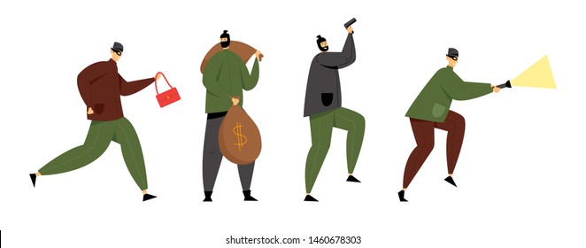 Masked Burglars Or Robbers Set. Criminals Holding Gun, Stolen Bag, Money Sacks And Glowing Flashlight. Thieves Steal Money, Robbery Or Theft. Organized Gangsters Band. Cartoon Flat Vector Illustration