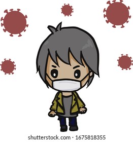Masked cartoon man prevent germs with symbol of virus corona. concept of Covid 19 protection. 