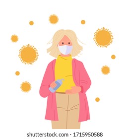 Masked cartoon woman use antiseptic, stop pandemic. Coronavirus Covid 19 virus in air, concept against. Save from coronavirus outbreak prevention. Wearing a surgical mask. Vector illustration