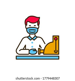 Masked cashier in shop color line icon. Safe travel. Pictogram for web, mobile app, promo. UI UX design element.