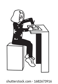 Niña enmascarada estudiando en casa durante la cuarentena. Niña pequeña con mascarilla facial sentada en una silla alta, dibuja coronavirus. Imagen vectorial de una chica enmascarada aislada en fondo blanco. Concepto de Covid-19.