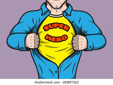 Masked comic book superhero adult man under cover opening his shirt concept vector illustration