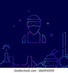 Masked criminal face gradient line vector icon, simple illustration on a dark blue background, weapon, army related bottom border.