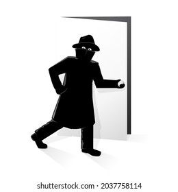 A masked criminal is sneaking in through a door isolated on a white background