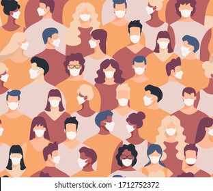 Masked crowd seamless pattern. Crowd of people seamless background. Epidemic concept