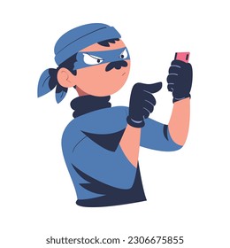 Masked cyber thief, hacker stealing personal data smartphone. Cyber security and crime, hacking and phishing attack cartoon vector illustration