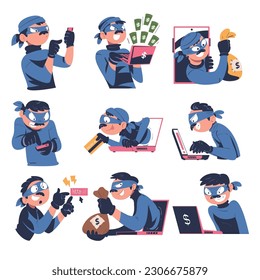 Masked cyber thief, hacker stealing privacy data and money set. Cyber security and crime, spy access, hacker attack cartoon vector illustration