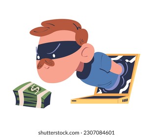 Masked cyber thief hacking computer and stealing money. Cyber security and crime, spy access, hacker attack cartoon vector illustration