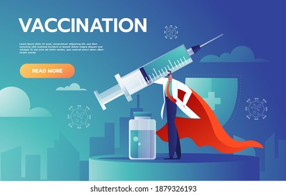 El médico enmascarado está luchando contra la infección por el coronavirus. Una enfermera sujeta una jeringa, un médico sostiene una jeringa para la vacuna. Los médicos son héroes. Ilustración vectorial plana