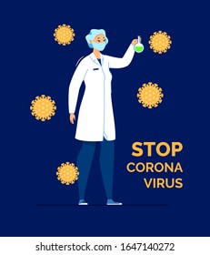 The masked doctor is holding a test tube. Against the background of viruses. Illustration Vector flat cartoon.