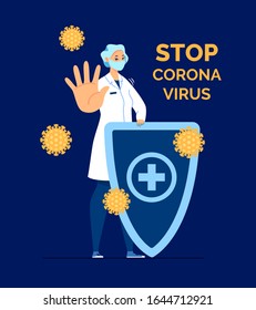 A Masked Doctor Holds a Shield With a Medical Cross. Stop Gesture. Stop Coronavirus. Illustration Vector Flat Cartoon.