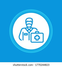 Masked doctor man with a suitcase color button. Coronavirus prevention icon. Emergency. Pictogram for web page, mobile app, promo. Editable stroke