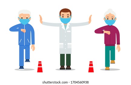 Masked doctor spreads his arms and warns of social distance between people during coronavirus pandemic. Safety distance between older people to protect against infection. Flat design isolated. Vector
