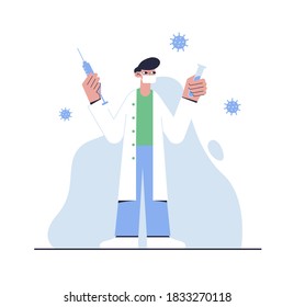A masked doctor stands with a syringe and a test tube. Medical concept. Vector illustration. 
