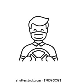 Masked Driver Driving Black Line Icon. Safe Travel. Pictogram For Web, Mobile App, Promo. UI UX Design Element.