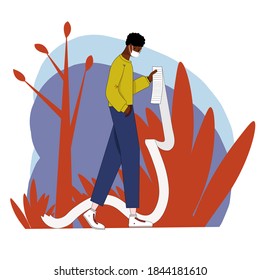 A masked ebony african american guy and shopping list went to a store with a long shopping list for a long time during quarantine. Vector illustration in flat style for advertising and web pages.