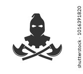Masked executioner crossed axes logo. Hangman, torturer, executor, tormentor, butcher, headsman icon