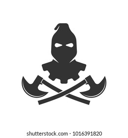 Masked executioner crossed axes logo. Hangman, torturer, executor, tormentor, butcher, headsman icon